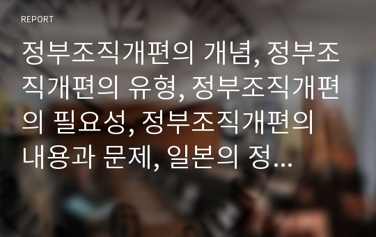 정부조직개편의 개념, 정부조직개편의 유형, 정부조직개편의 필요성, 정부조직개편의 내용과 문제, 일본의 정부조직개편 사례, 정부조직개편의 전략, 정부조직개편의 방향 분석(정부조직개편, 정부조직, 조직개편)