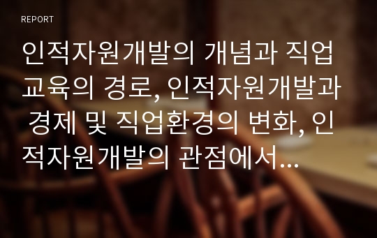 인적자원개발의 개념과 직업교육의 경로, 인적자원개발과 경제 및 직업환경의 변화, 인적자원개발의 관점에서 본 직업교육실태, 인적자원개발과 직업교육의 과제, 인적자원개발과 직업교육에 대한 시사점 분석