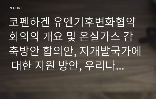 코펜하겐 유엔기후변화협약 회의의 개요 및 온실가스 감축방안 합의안, 저개발국가에 대한 지원 방안, 우리나라의 역할 및 비젼