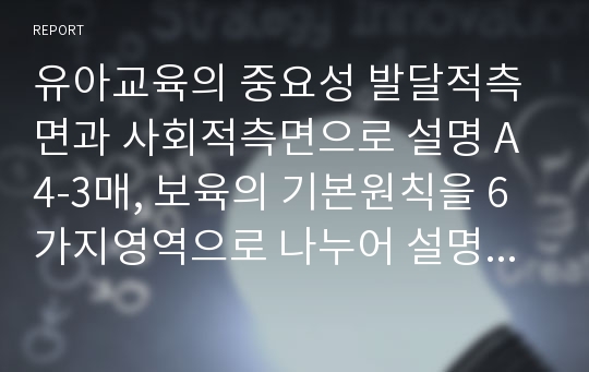 유아교육의 중요성 발달적측면과 사회적측면으로 설명 A4-3매, 보육의 기본원칙을 6가지영역으로 나누어 설명A4-3매로 작성