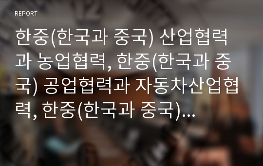 한중(한국과 중국) 산업협력과 농업협력, 한중(한국과 중국) 공업협력과 자동차산업협력, 한중(한국과 중국) 영상산업협력과 의약산업협력, 한중(한국과 중국) 관광산업협력, 한중(한국과 중국) 협력의 개선과제