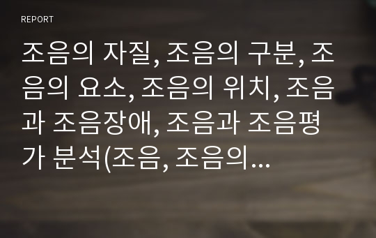 조음의 자질, 조음의 구분, 조음의 요소, 조음의 위치, 조음과 조음장애, 조음과 조음평가 분석(조음, 조음의 자질, 조음의 구분, 조음의 요소, 조음의 위치, 조음과 조음장애, 조음과 조음평가)