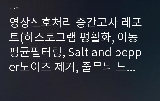 영상신호처리 중간고사 레포트(히스토그램 평활화, 이동평균필터링, Salt and pepper노이즈 제거, 줄무늬 노이즈 제거)