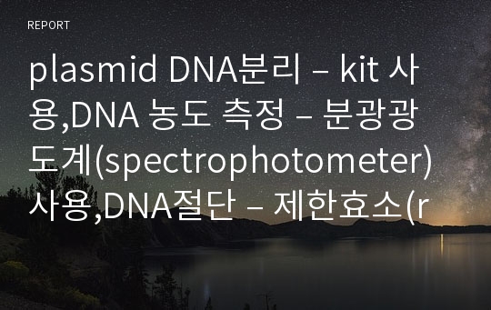 plasmid DNA분리 – kit 사용,DNA 농도 측정 – 분광광도계(spectrophotometer) 사용,DNA절단 – 제한효소(restriction enzyme) 사용