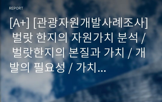 [A+] [관광자원개발사례조사] 벌랏 한지의 자원가치 분석 / 벌랏한지의 본질과 가치 / 개발의 필요성 / 가치분석 종합 / 접근방법 / 가치활용구상 / 활용방안 / 기대효과