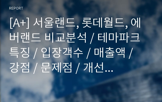 [A+] 서울랜드, 롯데월드, 에버랜드 비교분석 / 테마파크 특징 / 입장객수 / 매출액 / 강점 / 문제점 / 개선방안 / 대표놀이기구 / 성공전략 / 마케팅 / 경영전략 / 향후 / 미래 / 전망