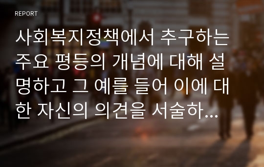 사회복지정책에서 추구하는 주요 평등의 개념에 대해 설명하고 그 예를 들어 이에 대한 자신의 의견을 서술하시오.