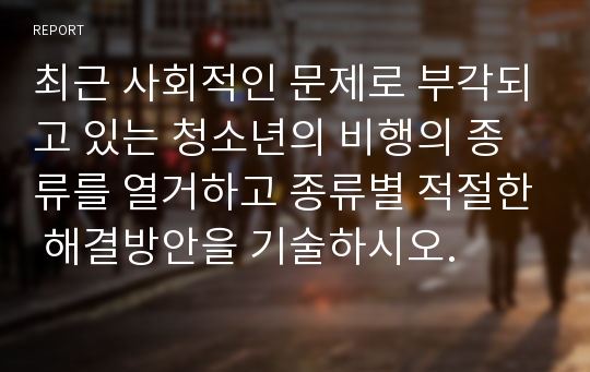 최근 사회적인 문제로 부각되고 있는 청소년의 비행의 종류를 열거하고 종류별 적절한 해결방안을 기술하시오.