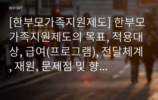 [한부모가족지원제도] 한부모가족지원제도의 목표, 적용대상, 급여(프로그램), 전달체계, 재원, 문제점 및 향후과제