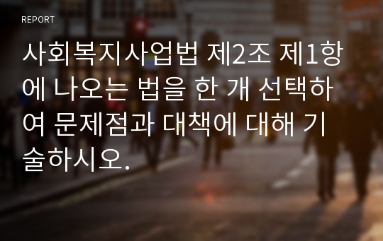 사회복지사업법 제2조 제1항에 나오는 법을 한 개 선택하여 문제점과 대책에 대해 기술하시오.