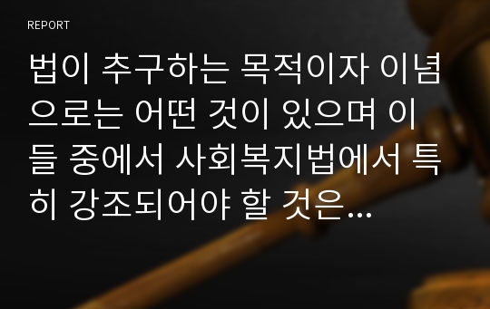 법이 추구하는 목적이자 이념으로는 어떤 것이 있으며 이들 중에서 사회복지법에서 특히 강조되어야 할 것은 어떤 것이라 생각하는가에 관해 학습자 개인의 관점을 중심으로 서술하시오