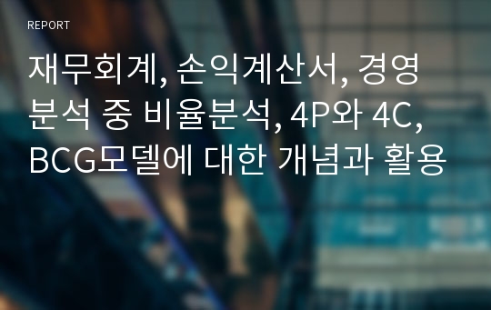 재무회계, 손익계산서, 경영분석 중 비율분석, 4P와 4C, BCG모델에 대한 개념과 활용