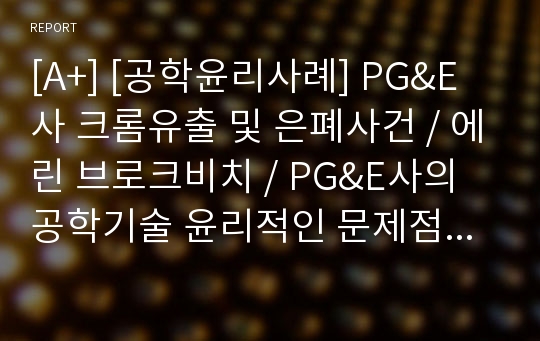 [A+] [공학윤리사례] PG&amp;E사 크롬유출 및 은폐사건 / 에린 브로크비치 / PG&amp;E사의 공학기술 윤리적인 문제점 / 기업윤리의 중요성 / 폐기물처리 / 폐수처리 사례 / 크롬이 체내에미치는영향