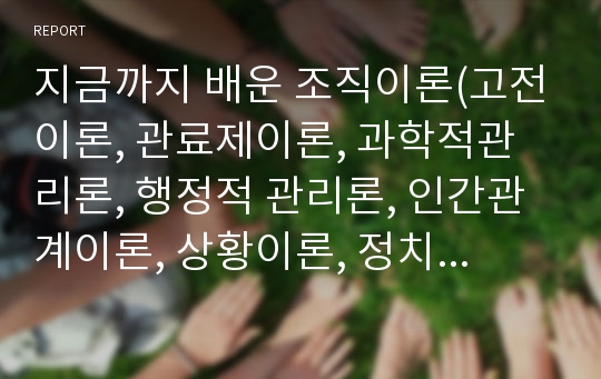 지금까지 배운 조직이론(고전이론, 관료제이론, 과학적관리론, 행정적 관리론, 인간관계이론, 상황이론, 정치경제이론, 제도이론, 현대조직이론, 목표관리이론, 학습조직이론 등) 중에