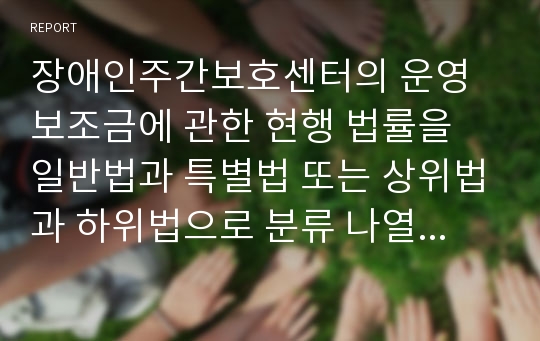 장애인주간보호센터의 운영 보조금에 관한 현행 법률을 일반법과 특별법 또는 상위법과 하위법으로 분류 나열해 본 후 현 제도의 현안과 대안을 세 가지 이상 제시하시오.