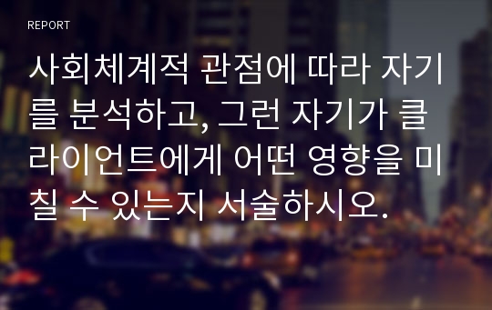 사회체계적 관점에 따라 자기를 분석하고, 그런 자기가 클라이언트에게 어떤 영향을 미칠 수 있는지 서술하시오.