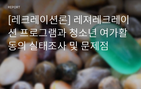 [레크레이션론] 레져레크레이션 프로그램과 청소년 여가활동의 실태조사 및 문제점