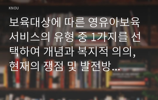 보육대상에 따른 영유아보육서비스의 유형 중 1가지를 선택하여 개념과 복지적 의의, 현재의 쟁점 및 발전방안을 논하시오.