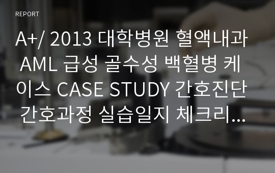 A+/ 2013 대학병원 혈액내과 AML 급성 골수성 백혈병 케이스 CASE STUDY 간호진단 간호과정 실습일지 체크리스트  핵심수기술