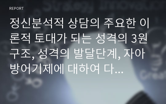 정신분석적 상담의 주요한 이론적 토대가 되는 성격의 3원구조, 성격의 발달단계, 자아방어기제에 대하여 다음과 같이 서술하시오.