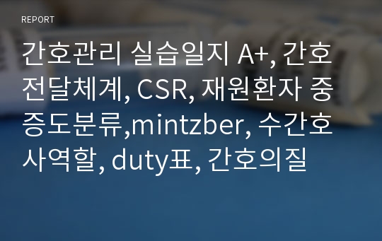 간호관리 실습일지 A+, 간호전달체계, CSR, 재원환자 중증도분류,mintzber, 수간호사역할, duty표, 간호의질