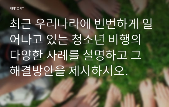 최근 우리나라에 빈번하게 일어나고 있는 청소년 비행의 다양한 사례를 설명하고 그 해결방안을 제시하시오.