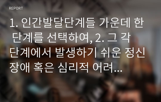 1. 인간발달단계들 가운데 한 단계를 선택하여, 2. 그 각 단계에서 발생하기 쉬운 정신장애 혹은 심리적 어려움들은 무엇인지 기술하고, 3. 그 문제를 해결하기 위해 요구되는 접근방법들에 대해 구체적으로 설명하십시오 4. 마지막으로 지금까지 기술한 문제해결을 위한 접근방법을 사용하기 위해 갖추어야 할 전문기술은 무엇이고, 문제해결접근시 주의해야할 것은 무엇