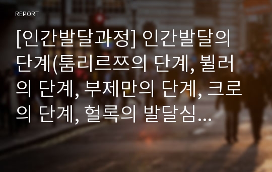 [인간발달과정] 인간발달의 단계(툼리르쯔의 단계, 뷜러의 단계, 부제만의 단계, 크로의 단계, 헐록의 발달심리학적 분류)