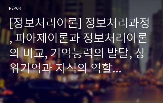 [정보처리이론] 정보처리과정, 피아제이론과 정보처리이론의 비교, 기억능력의 발달, 상위기억과 지식의 역할, 정보처리이론과 아동발달