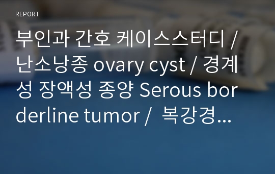 부인과 간호 케이스스터디 / 난소낭종 ovary cyst / 경계성 장액성 종양 Serous borderline tumor /  복강경 난소난관절제술 laparoscopic BSO Both Salpingo-Oophorectomy / 통증, 지식부족 간호과정