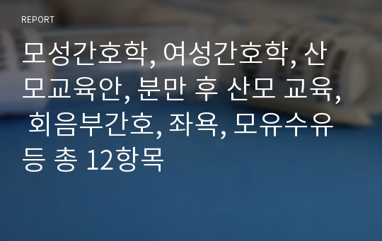 모성간호학, 여성간호학, 산모교육안, 분만 후 산모 교육, 회음부간호, 좌욕, 모유수유 등 총 12항목