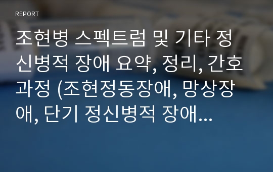 조현병 스펙트럼 및 기타 정신병적 장애 요약, 정리, 간호과정 (조현정동장애, 망상장애, 단기 정신병적 장애, 조현양상장애, 물질 및 약물로 유발된 정신병적 장애)