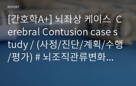 [간호학A+] 뇌좌상 케이스  Cerebral Contusion case study / (사정/진단/계획/수행/평가) # 뇌조직관류변화 # 고체온 # 기도개방유지불능 # 신체손상위험성 # 감염위험성