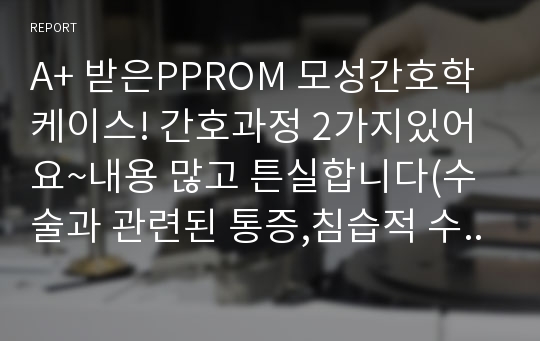 A+ 받은PPROM 모성간호학 케이스! 간호과정 2가지있어요~내용 많고 튼실합니다(수술과 관련된 통증,침습적 수술과 관련된 감염위험성))