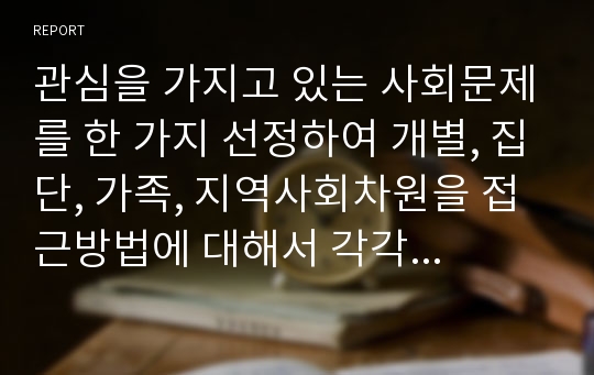 관심을 가지고 있는 사회문제를 한 가지 선정하여 개별, 집단, 가족, 지역사회차원을 접근방법에 대해서 각각 3가지 이상 제시하시오.