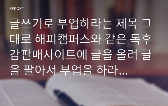 글쓰기로 부업하라는 제목 그대로 해피캠퍼스와 같은 독후감판매사이트에 글을 올려 글을 팔아서 부업을 하라는 글입니다. 물론 이후에 책을 쓰는 것도 부업으로 할 수 있다고 말하고 있습니다.