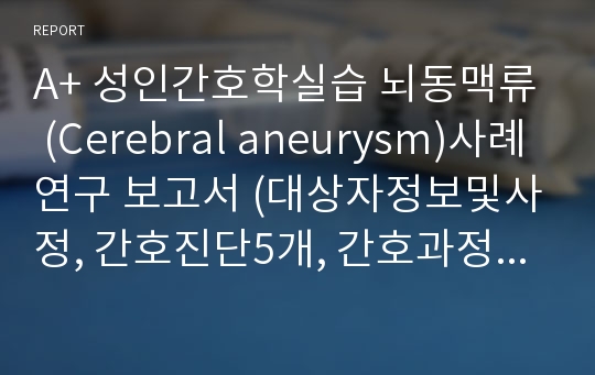 A+ 성인간호학실습 뇌동맥류 (Cerebral aneurysm)사례연구 보고서 (대상자정보및사정, 간호진단5개, 간호과정3개)