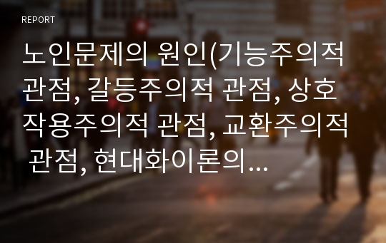 노인문제의 원인(기능주의적 관점, 갈등주의적 관점, 상호작용주의적 관점, 교환주의적 관점, 현대화이론의 관점)