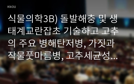 식물의학3B) 돌발해충 및 생태계교란잡초 기술하고 고추의 주요 병해탄저병, 가짓과작물풋마름병, 고추세균성점무늬병세균점무늬병, 고추바이러스병병원병징전염경로방제법설명0K   농학과식물의학3B형