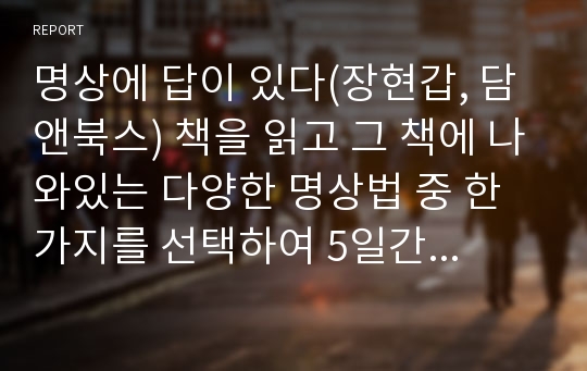 명상에 답이 있다(장현갑, 담앤북스) 책을 읽고 그 책에 나와있는 다양한 명상법 중 한가지를 선택하여 5일간 수행한 경험을 레포트로 작성하여 제출