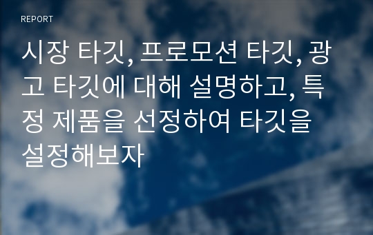 시장 타깃, 프로모션 타깃, 광고 타깃에 대해 설명하고, 특정 제품을 선정하여 타깃을 설정해보자