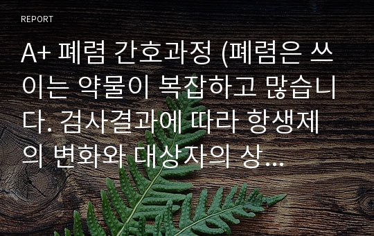 A+ 폐렴 간호과정 (폐렴은 쓰이는 약물이 복잡하고 많습니다. 검사결과에 따라 항생제의 변화와 대상자의 상태를 자세히 기록해 놓았습니다.)