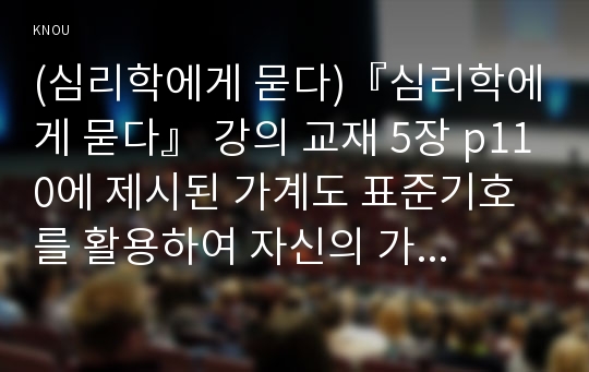 (심리학에게 묻다)『심리학에게 묻다』 강의 교재 5장 p110에 제시된 가계도 표준기호를 활용하여 자신의 가계도를 작성한 후, 자신의 가계도에서 나타나는 특징이 무엇이며, 그러한 가족관계적 특징이 자신에게 미친 영향에 대해 서술하시오. (30점 만점)