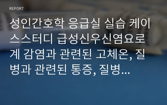 성인간호학 응급실 실습 케이스스터디 급성신우신염요로계 감염과 관련된 고체온, 질병과 관련된 통증, 질병에 대한 정보의 부족과 관련된 지식부족)