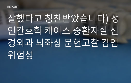 잘했다고 칭찬받았습니다) 성인간호학 케이스 중환자실 신경외과 뇌좌상 문헌고찰 감염위험성