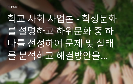 학교 사회 사업론 - 학생문화를 설명하고 하위문화 중 하나를 선정하여 문제 및 실태를 분석하고 해결방안을 모색하시오.