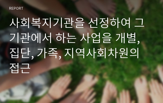 사회복지기관을 선정하여 그 기관에서 하는 사업을 개별, 집단, 가족, 지역사회차원의 접근