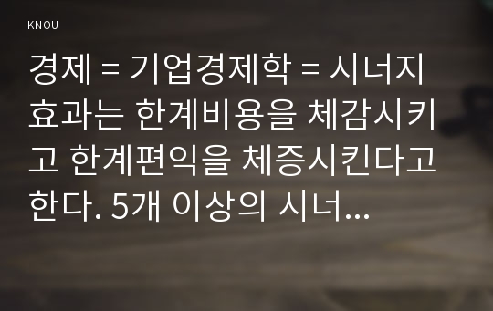 경제 = 기업경제학 = 시너지 효과는 한계비용을 체감시키고 한계편익을 체증시킨다고 한다. 5개 이상의 시너지 효과의 사례를 찾아 정리하고, 각 사례가 기업의 경영개선에 어떤 영향을 미쳤는지에 대해 분석하시오.