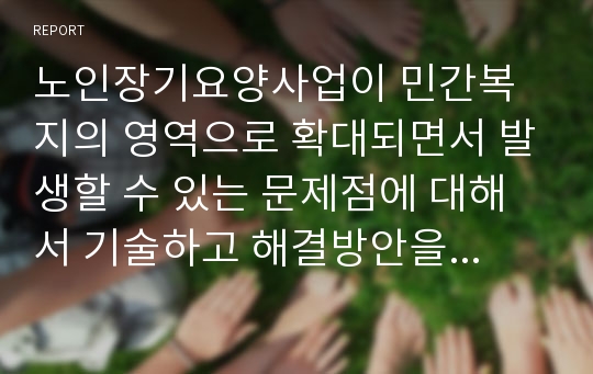 노인장기요양사업이 민간복지의 영역으로 확대되면서 발생할 수 있는 문제점에 대해서 기술하고 해결방안을 제시하세요.