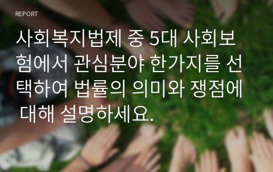 사회복지법제 중 5대 사회보험에서 관심분야 한가지를 선택하여 법률의 의미와 쟁점에 대해 설명하세요.